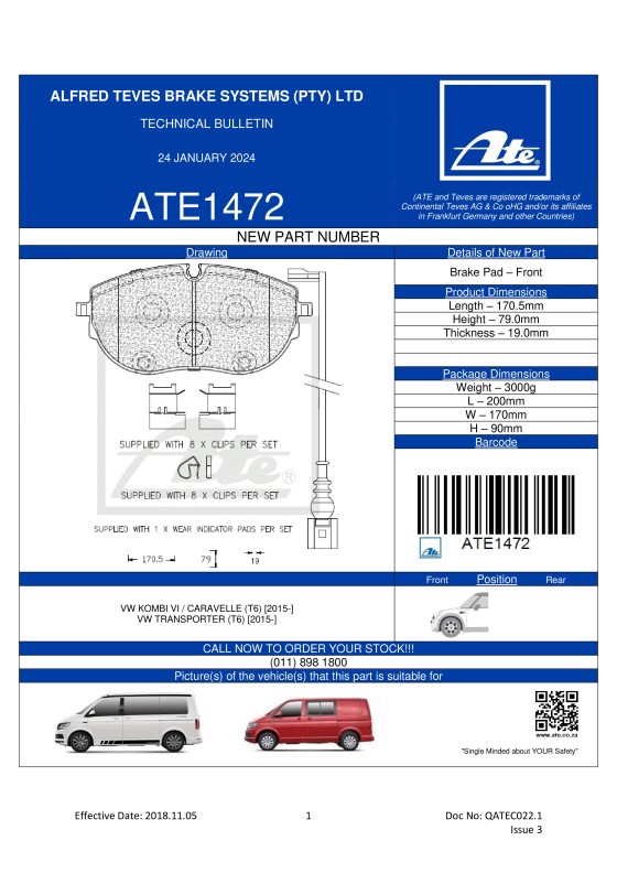 ATE1472 NEW! Brake Pad for VW Kombi VI / Caravelle (T6) and VW Transporter. featured image